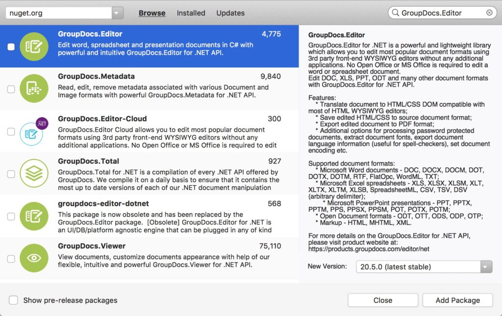 Agregar GroupDocs.Editor a través de NuGet Package Manager
