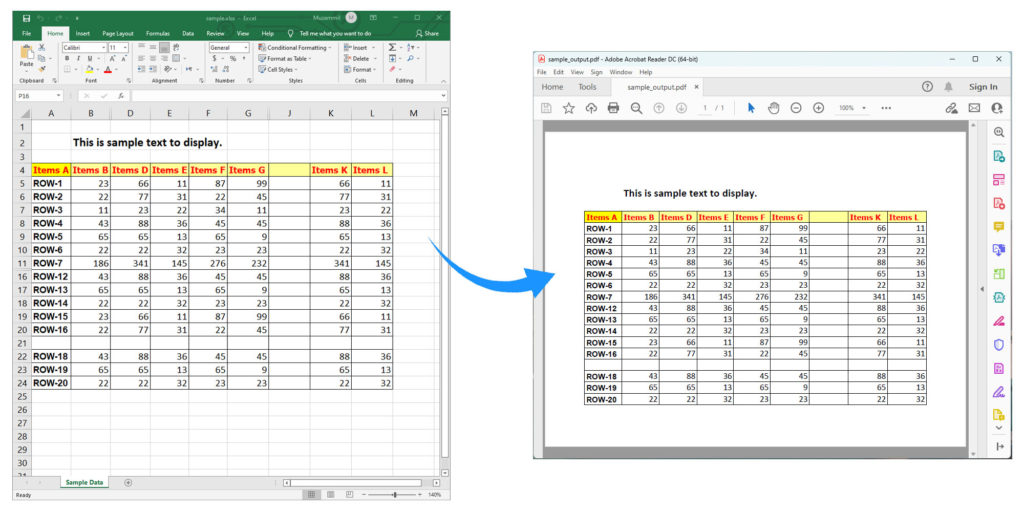 Rendu des données Excel au format PDF à l'aide de C#.