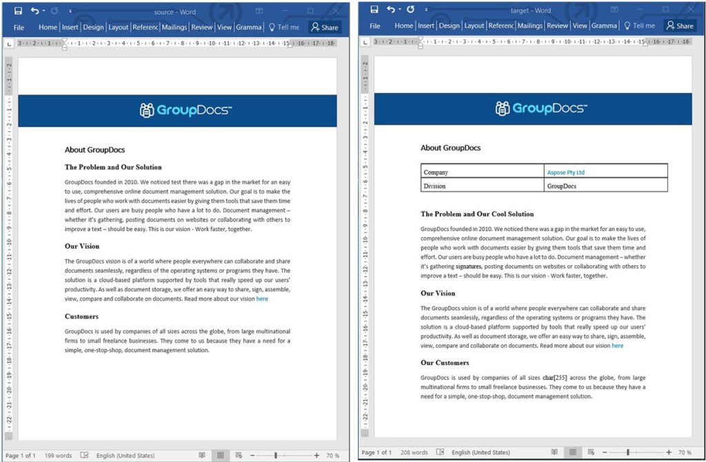Documentos do Word de origem e destino