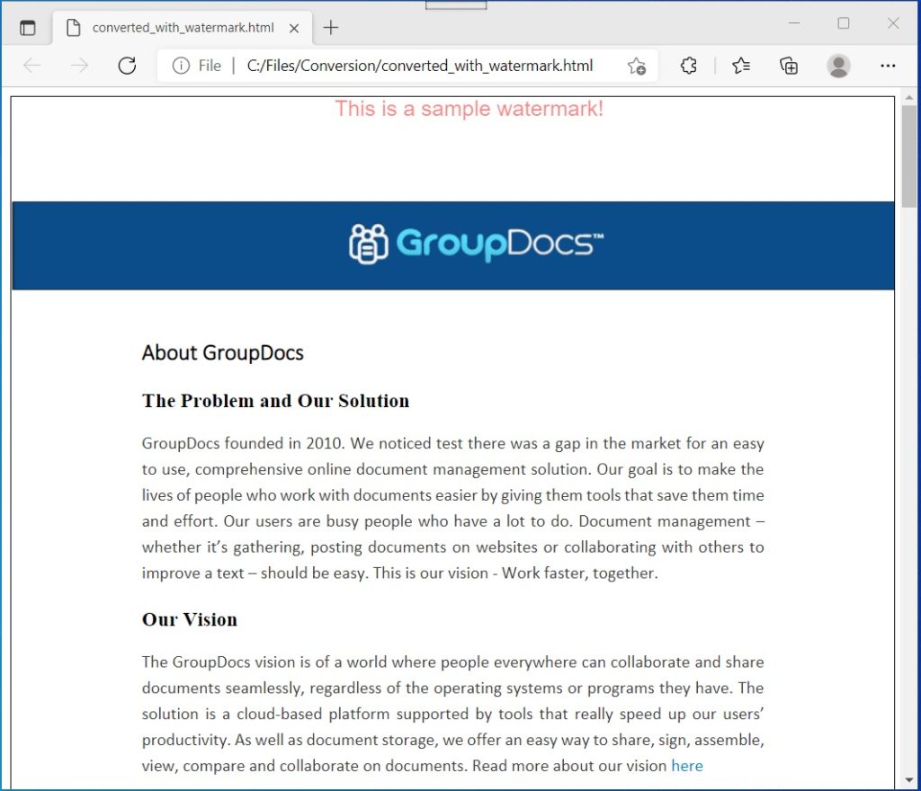 PDF to HTML Conversion with Watermark in C#.