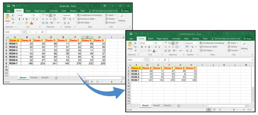 Hide Multiple Rows and Columns using C#