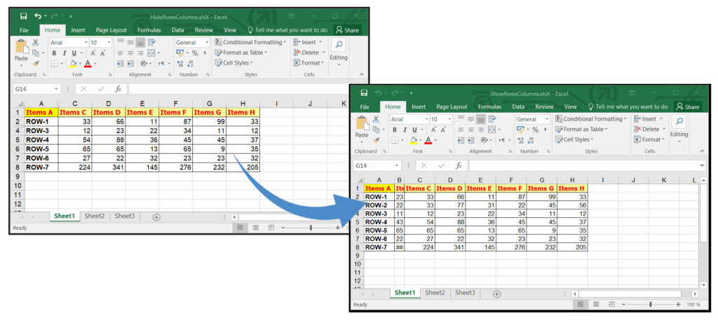 Show Hidden Rows and Columns using C#
