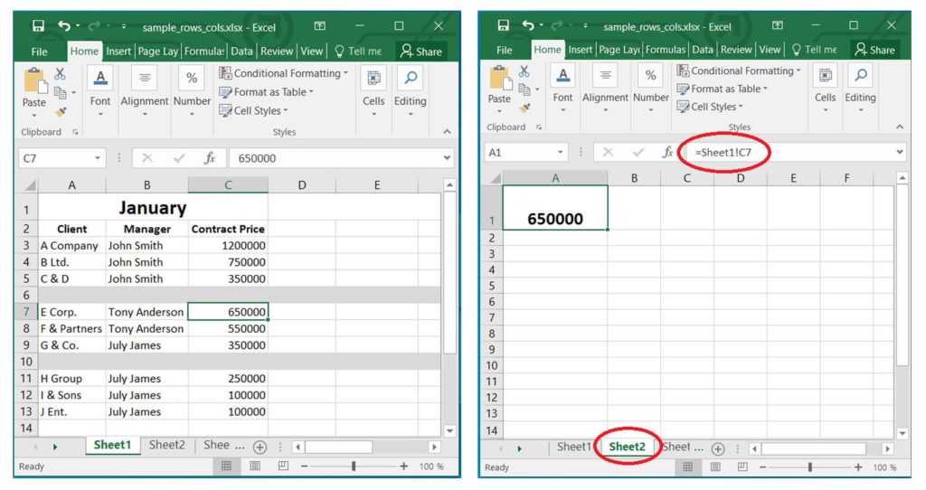 Sheet2 中的单元格 A1 引用 Sheet1 中单元格 C7 的值。